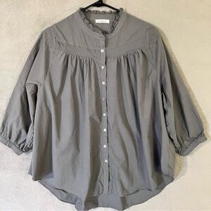 Neuflora Button Front Blouse Charcoal Gray Cotton Poplin Womens L 3/4 Sleeve